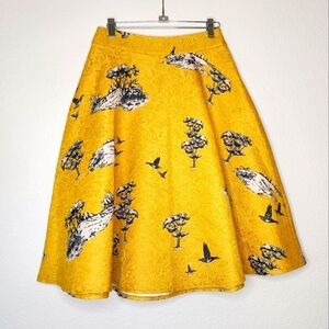 Darling London Yellow & Black Printed Textured Skater Bird Skirt XS